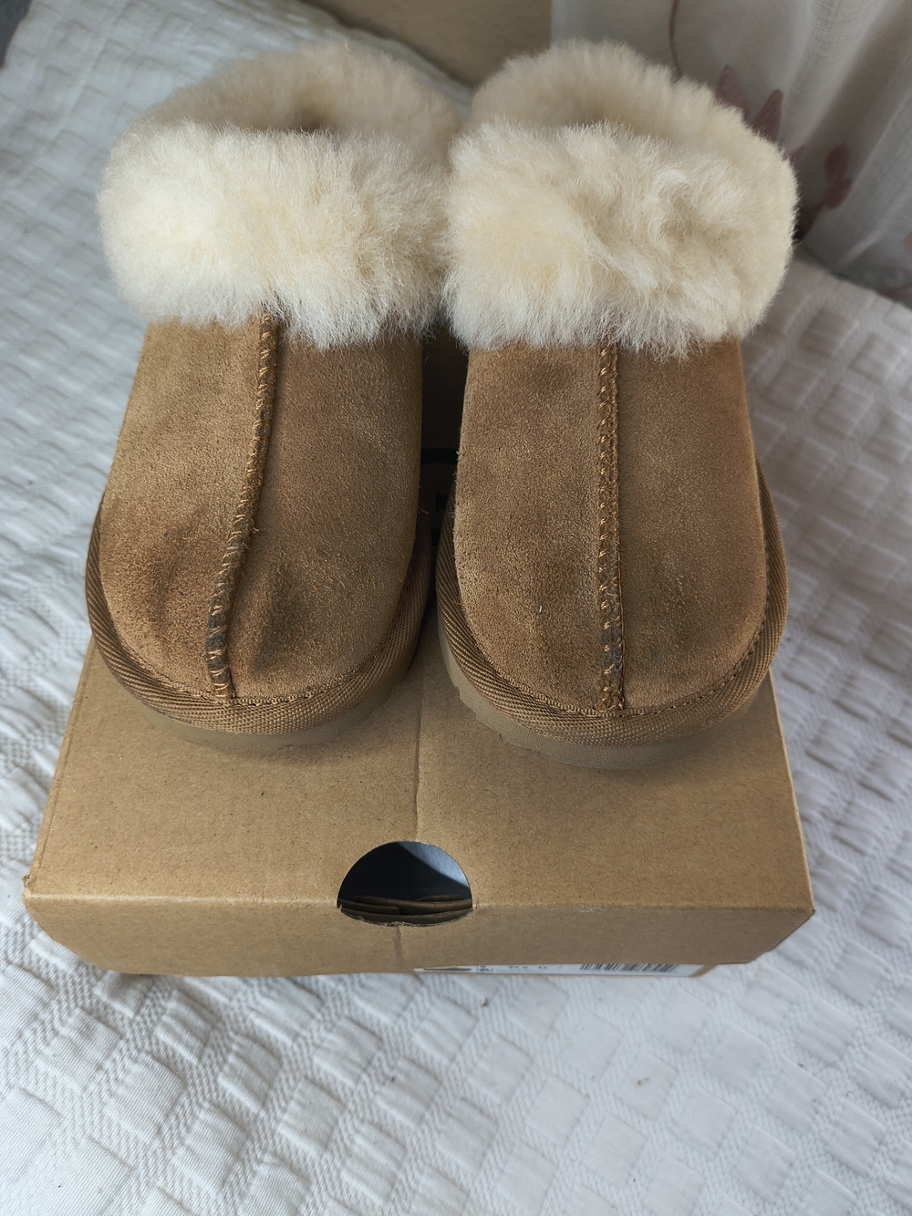 UGG Chestnut Brown Suede Plush Cuff Kids Slide Slippers